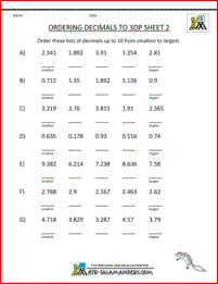 Ordering Decimals Worksheet