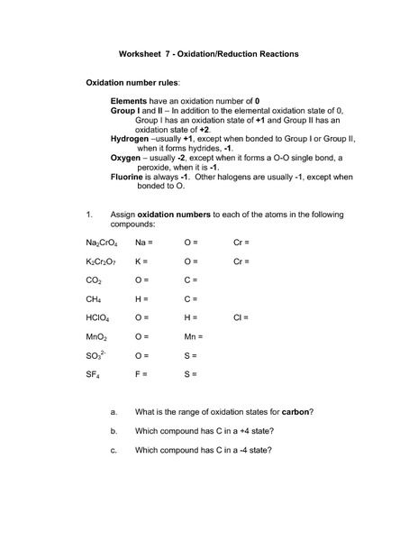 Oxidation Numbers Worksheet