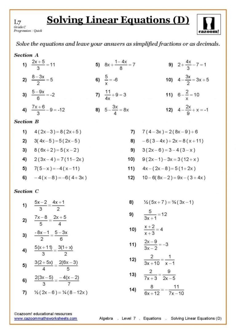 Algebra Worksheets With Answers