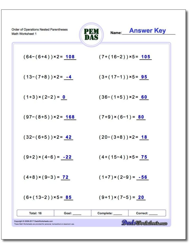 Pemdas Worksheets